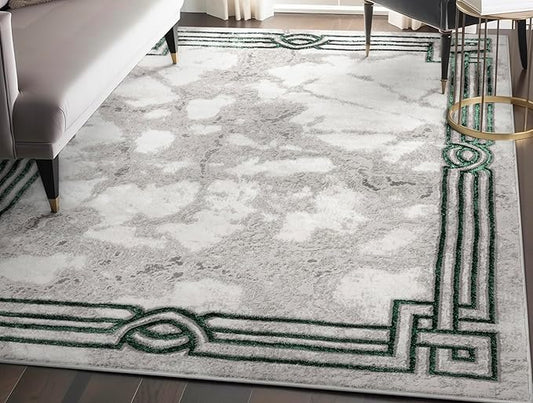Well Woven Lezlee Abstract Modern 9'3" x 12'6" Area Rug - Emerald Green Marble Border - for Large Living Room, Dining Room, Bedroom