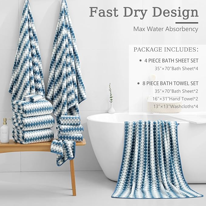 4 Piece Bath Towel Set Oversized Bath Sheet 35"x70" Bathroom Towel Extra Large Towel Set Soft Highly Absorbent & Quick Dry Premium Bath Sheet for Bathroom 600GSM Shower Towel Spa Gym Hotel,Blue