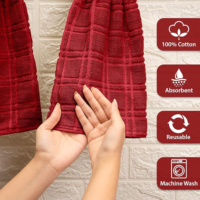 Blue Needles Hanging Kitchen Towels - Red 100% Cotton Solid Kitchen Tie Towel, Set of 2 Hand Dish Cloth with Hanging Loops 9 x 17 Inches, Absorbent, Super Soft, and Fast Drying Home Essential