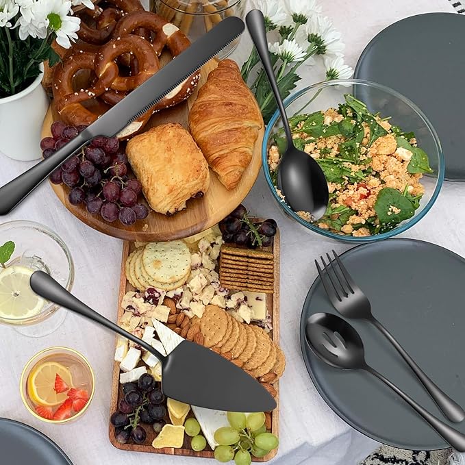 Black Fine Serving Utensils OIULO Large Serving Spoons Slotted Serving Spoons Serving Forks Serving Tongs Soup Ladle Wedding Cake Knife & Cake Server Large Lasagna Server Buffet Catering (9 Pieces)