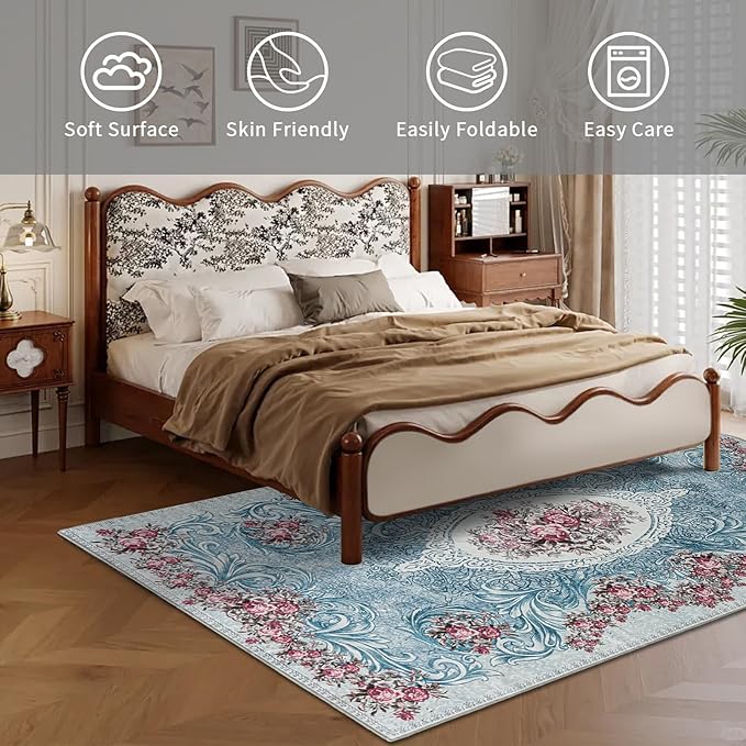 Easy-Going Area Rug 4x6 Washable Floral Rugs for Living Room Non-Slip Bedroom Rug Low Pile Lightweight Retro Flowers Throw Rug for Dining Room Kitchen Home Office Carpet, Teal Red