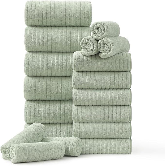 18 Piece Family Bath Towel Set Include 6 Bath Towels,6 Hand Towels and 6 Washcloths Soft Bathroom Towel with Hanging Loops,Highly Absorbent Quick Dry Towels Set for Bathroom,Hotel and Spa-Green