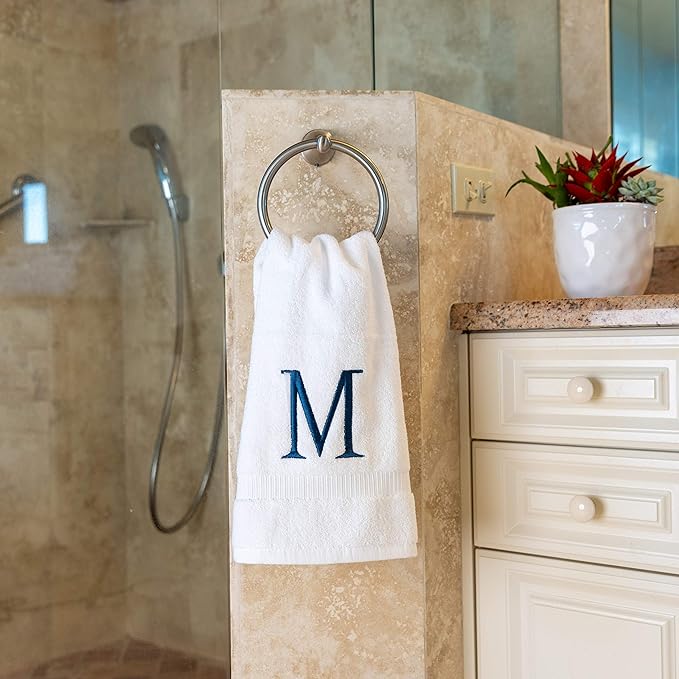 Monogrammed Hand Towels for Bathroom - Luxury Hotel Quality Personalized Initial Decorative Embroidered Bath Towel for Powder Room, Spa - GOTS Organic Certified - Set of 2 Navy Letter M