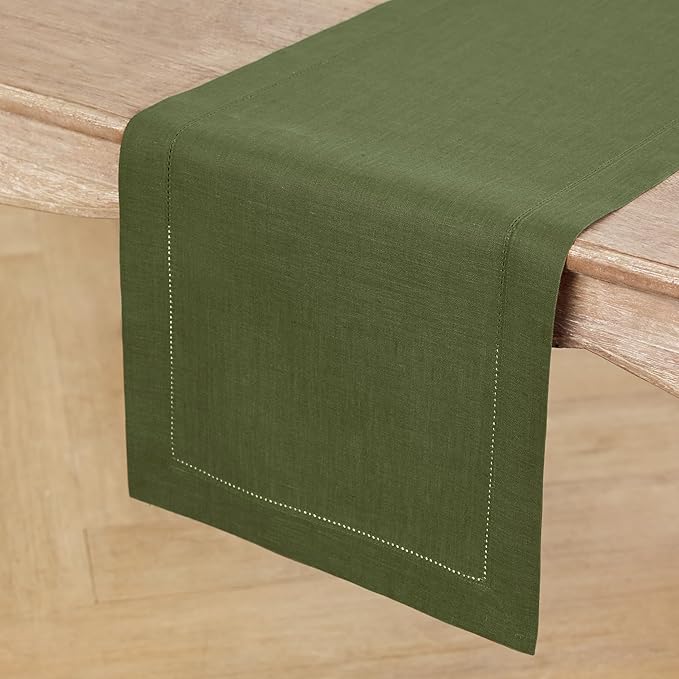 Solino Home Linen Olive Table Runner 144 Inches Long - 100% Pure Linen Extra Long Table Runner 14 x 144 Inch for New Year - Classic Hemstitch