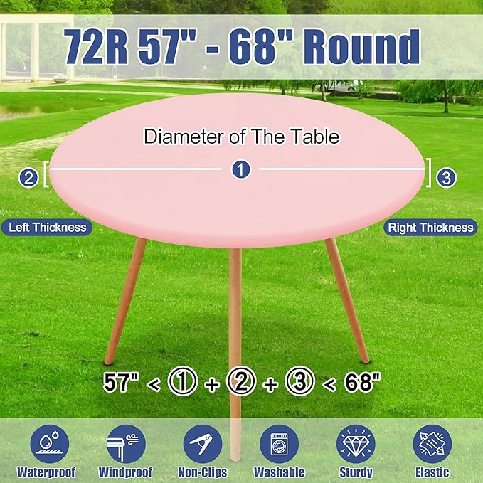 Round Spandex Tablecloth, Elastic Fitted Waterproof Tablecloths for 57"-68" Tables, Stretch Washable Picnic Table Cover for Camping, Dining, Indoor and Outdoor, Pink