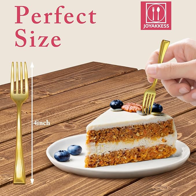 100 PCS Gold Mini Forks Heavy Duty, 4 inch Gold Plastic Fork, Mini Forks for Appetizers, Dessert Fork Disposable, BPA Free, Food Safe, Suitable for All Occasions