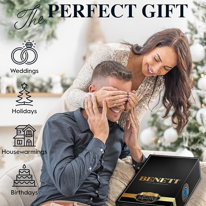 BENETI European Made Colored Martini Glasses Set of 6 Stemless Cocktail Glasses - 8 Oz, Dishwasher Safe, Crystal Glass Cups for Partys