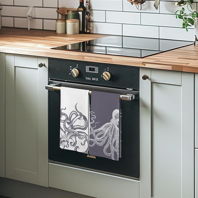 Coastal Grey Octopus Beach Decor Dish Hand Tea Towels for Bathroom Kitchen, Girly Octopus Ocean Nautical Beachy Bathroom Decor, Coastal Kitchen Towels and Dishcloths Sets of 2, 16x24 Inch