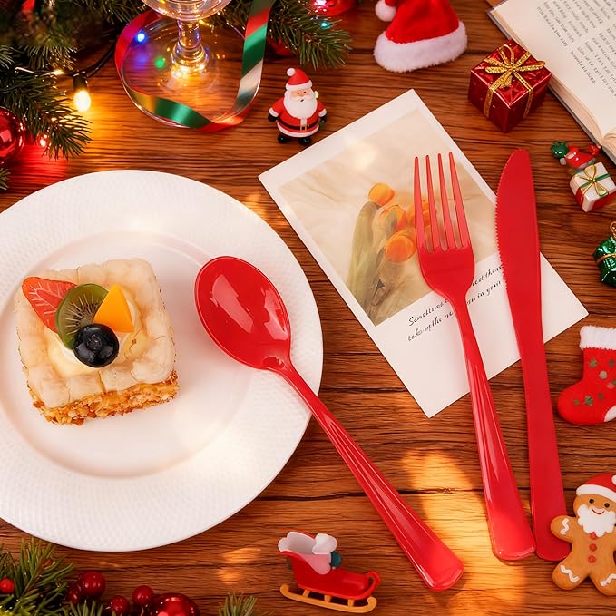 WDF 160 Piece Red Plastic Silverware - Heavy Duty Christmas Silverware of 80 Forks, 40 Spoons, 40 Knives - Red Plastic Utensils Perfect for Christmas Party & Daily Using