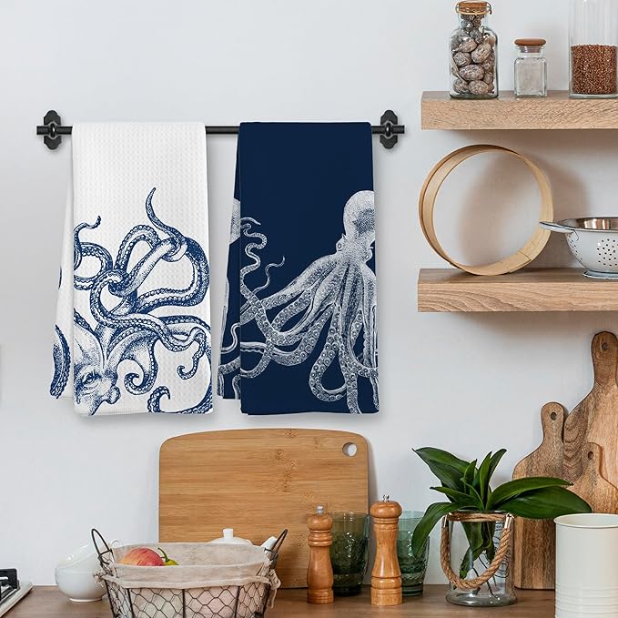Coastal Octopus Beach Decor Dish Hand Tea Towels for Bathroom Kitchen, Octopus Ocean Nautical Beachy Bathroom Decor, Coastal Nautical Kitchen Towels and Dishcloths Sets of 2, 16x24 Inches