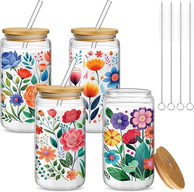 Mumufy Gift for Women Cute Glass Cup Tumbler Flower Iced Coffee Mugs 16 oz Glass with Bamboo Lid & Straw, Mothers Day Birthday Gift for Mom Sister Bridesmaid Baby Shower(4 Pack,Abstract Flower)