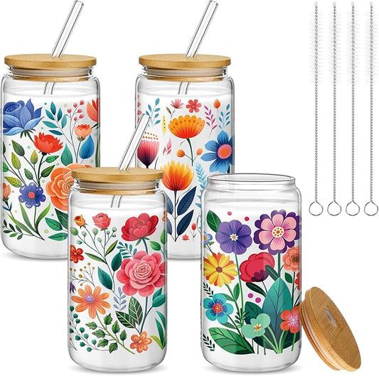 Mumufy Gift for Women Cute Glass Cup Tumbler Flower Iced Coffee Mugs 16 oz Glass with Bamboo Lid & Straw, Mothers Day Birthday Gift for Mom Sister Bridesmaid Baby Shower(4 Pack,Abstract Flower)