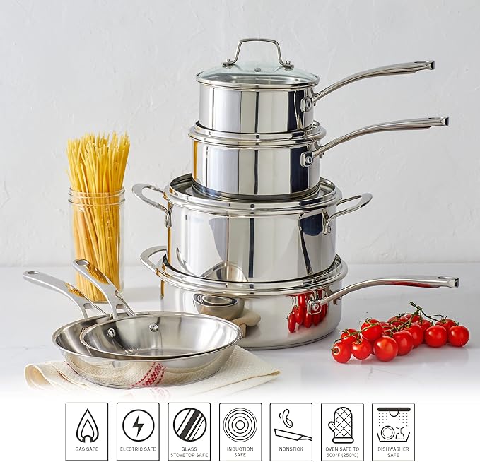 Martha Stewart Castelle 10 Piece 18/8 Durable Stainless Steel Induction Safe Non-Toxic Triply Bottom Kitchen Pots and Pans Cookware Set - Dishwasher Safe