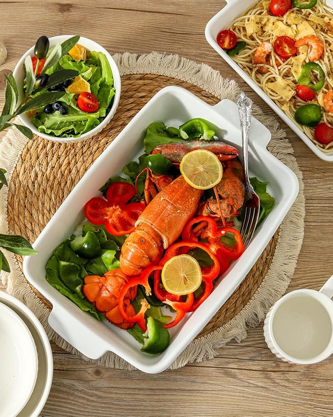 Hasense Casserole Dish, 9 x 13 Inches Ceramic Baking Dish, Extra Deep Lasagna Pans for Oven, Rectangular Bakeware with Handles, Wedding Housewarming Gifts, 15 x 9.2 x 3.1 Inches, White