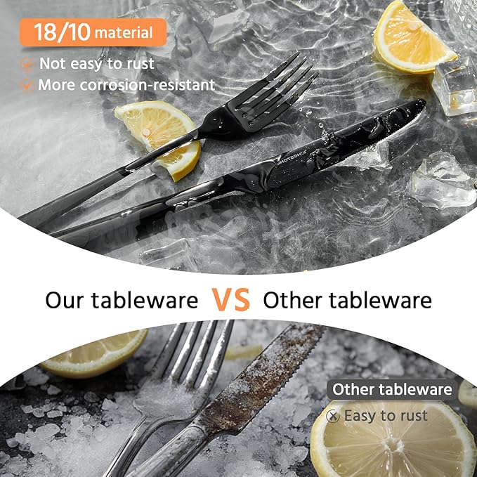 KINGSTONE Silverware Set for 8, 40-Piece Forged 18/10 Stainless Steel Flatware Set, Mirror Finish Cutlery Set Dishwasher Safe for Home, Restaurant, Wedding, Party,Black