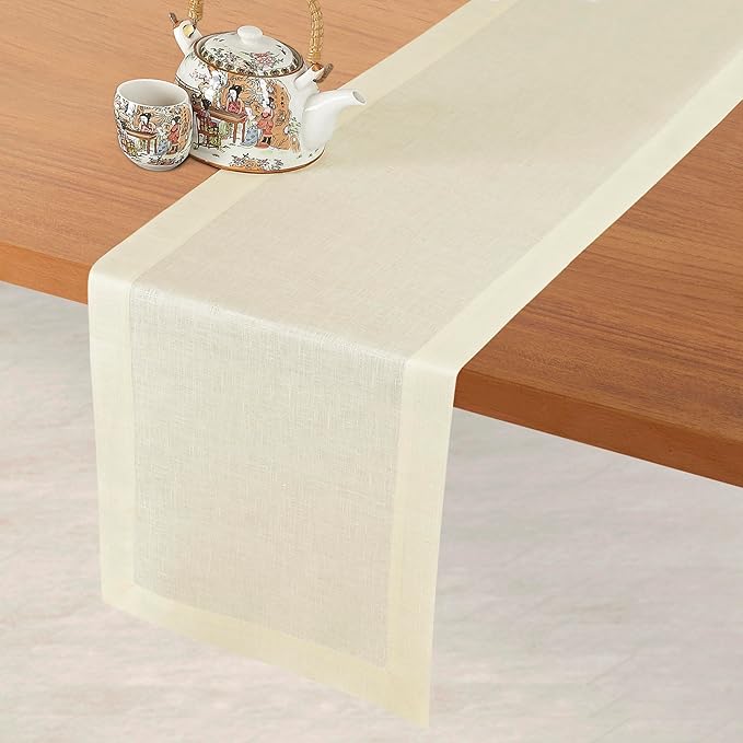 D'Moksha Homes Linen Cream Table Runner 120 Inches Long - 100% Pure Linen Dining Table Runner 14 x 120 Inch for Winter, Holiday, New Year - Machine Washable