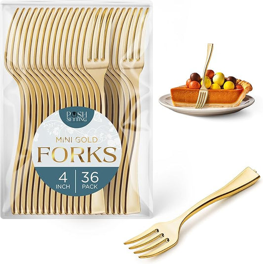 Posh Setting - Plastic Mini Dessert Forks, Gold Plastic 4 inch Taster Forks (36 Pack)