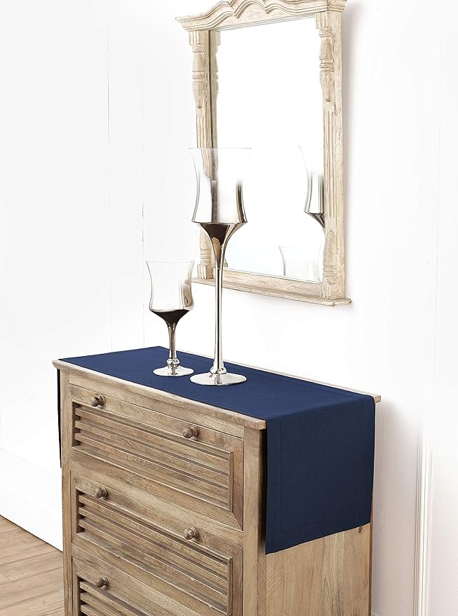 Solino Home Linen Navy Blue Table Runner 36 Inches - Classic Hemstitch, 100% Pure Linen Coffee Table Runner 14 x 36 Inch Ideal for Dresser Tables - Winter, New Year