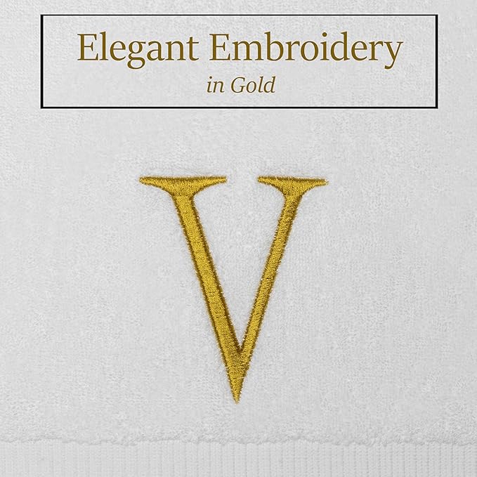 Monogrammed Hand Towels for Bathroom - Luxury Hotel Quality Personalized Initial Decorative Embroidered Bath Towel for Powder Room, Spa - GOTS Organic Certified - Set of 2 Gold Letter V