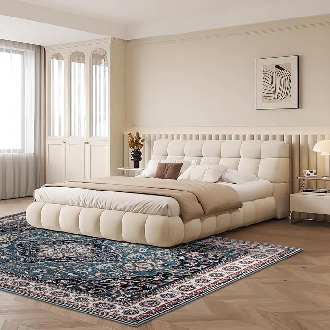 Easy-Going Area Rug 6x9 Medallion Distressed Washable Rugs for Living Room Non-Slip Bedroom Rug Low Pile Lightweight Vintage Retro Throw Rug for Dining Room Kitchen Home Office Carpet, Teal Brick