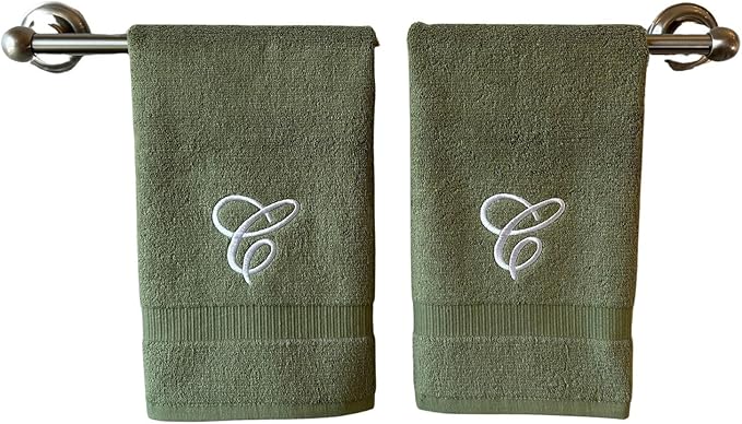 Sage Monogrammed Hand Towels for Bathroom - Luxury Hotel Quality Personalized Initial Embroidered Towel for Powder Room, Spa - GOTS Organic Certified - Set of 2 White Letter C