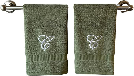Sage Monogrammed Hand Towels for Bathroom - Luxury Hotel Quality Personalized Initial Embroidered Towel for Powder Room, Spa - GOTS Organic Certified - Set of 2 White Letter C