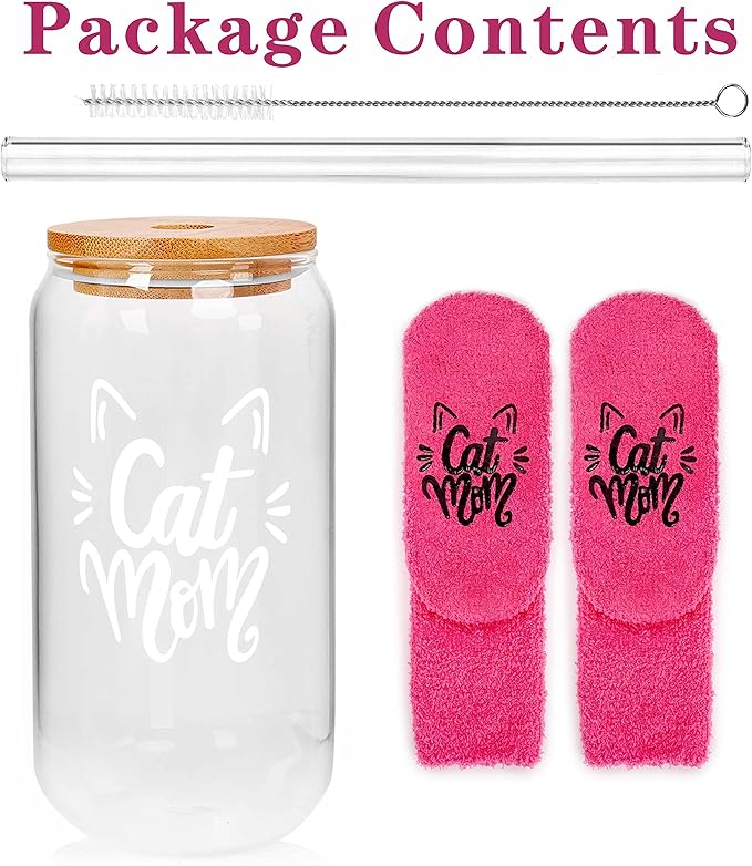 Mason Life Gift for Women, Birthday Gift for Cat Lover, Glass Cup and Sock for Kitty Mom, Cat Mom Gifts for Women, Kitty Themed Gifts, 18oz Drinking Glasses with Bamboo Lid and Glass Straw