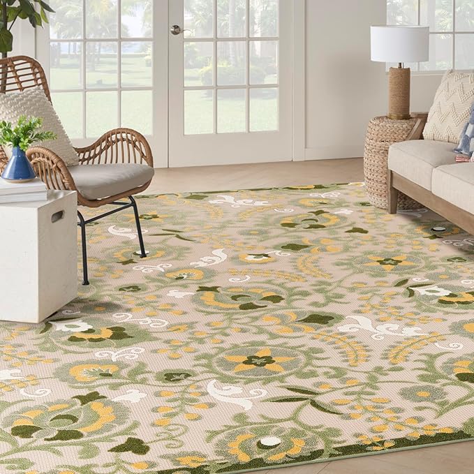Nourison Home Aloha Ivory Green 9' x 12' Area Rug - Easy Clean, Non Shedding, Bed Room, Living Room, Dining Room, Kitchen (9' x 12')