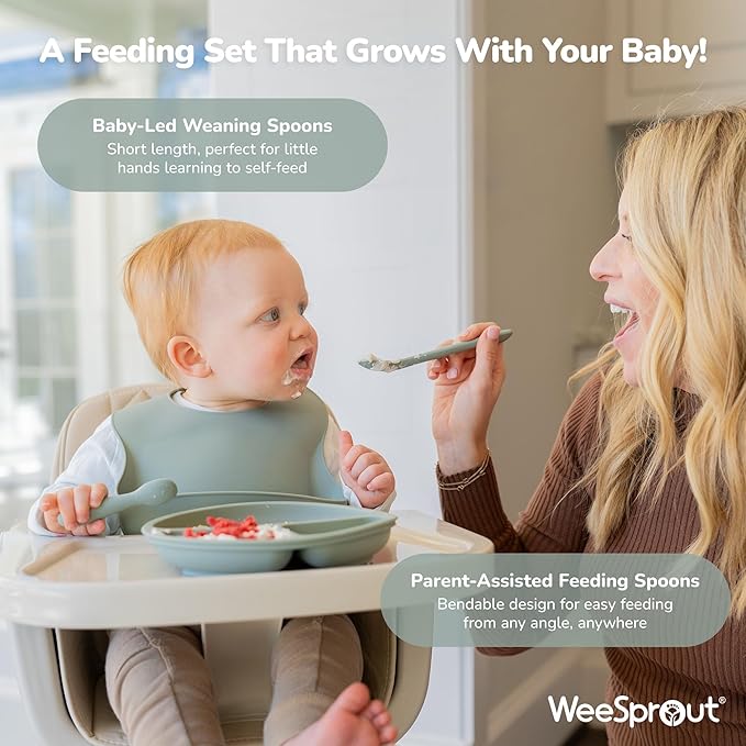 WeeSprout Baby Led Weaning Bundle, Silicone Suction Bowl, Spoons, Bib & Cup, Develops Self Feeding Skills, Dishwasher Safe (Green)