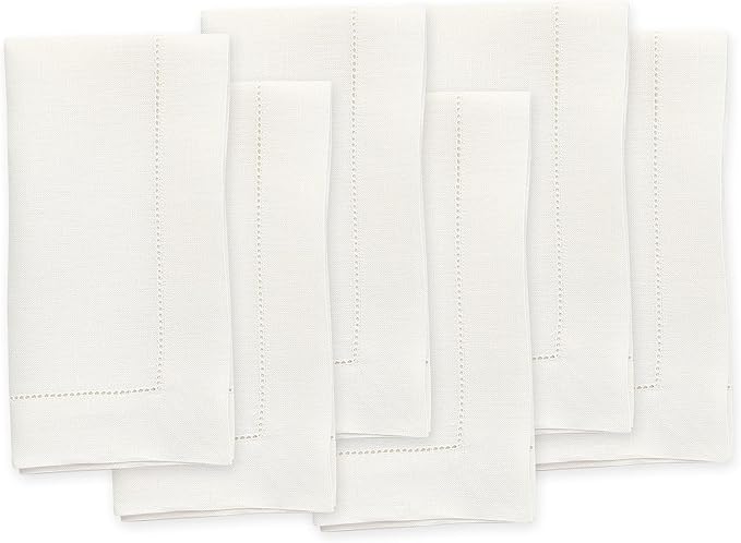 Solino Home Ivory Linen Napkins Set of 6-100% Pure Linen Hemstitch Dinner Napkins 20 x 20 Inch for Holiday, New Year - Classic Hemstitch