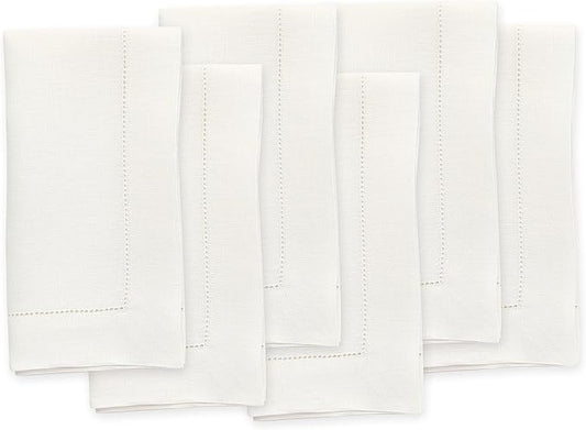 Solino Home Ivory Linen Napkins Set of 6-100% Pure Linen Hemstitch Dinner Napkins 20 x 20 Inch for Holiday, New Year - Classic Hemstitch