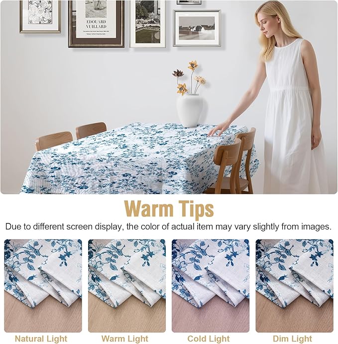 H.VERSAILTEX Linen Table Cloths Floral Printed Tablecloth Spill-Proof Waterproof Table Cover for Dining Buffet Feature Soft and Thick Fabric Wrinkle Free, 60 x 104 Inch, Retro Floral - Stone Blue