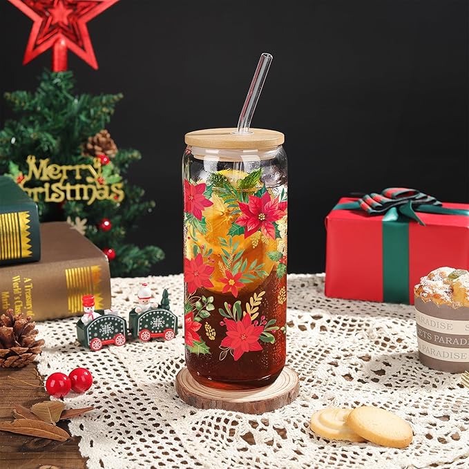 Joeyan Christmas Glass Cups with Lids and Straws,20 oz Iced Coffee Tumbler with Red Poinsettia flower Patterns,Cute Can Shaped Beer Drinking Glasses,Holiday Gifts for Women Mom Friend
