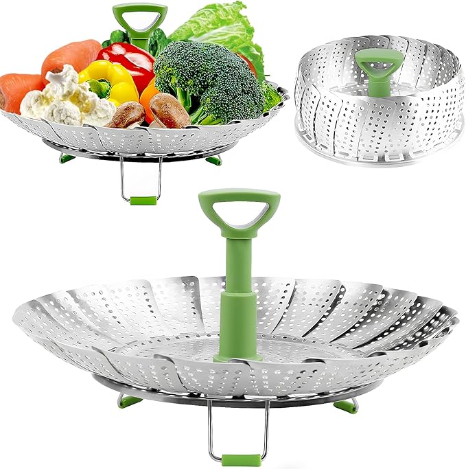Consevisen Vegetable Steamer Basket for Cooking Food, Stainless Steel Veggie Steam Basket for Pot, Folding Expandable Steaming Insert with Extendable Handle Fits Various Size Pot, 6.4" to 10"