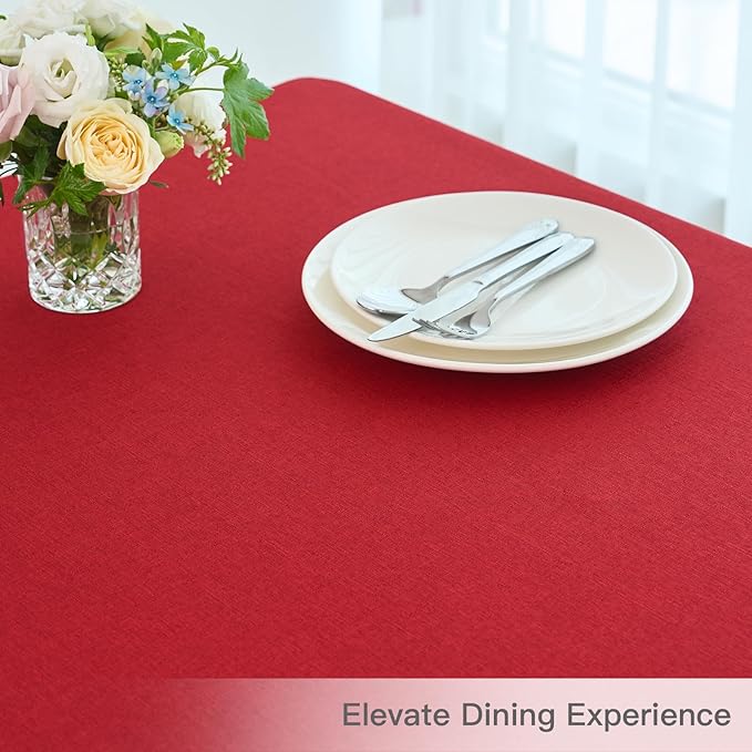 maxmill Rectangle Linen Textured Tablecloth Waterproof Spillproof Wrinkle Free Table Cloth, Kitchen Dining Christmas Tabletop Decoration Washable Fabric Table Cover Holiday Dinner, 52 x 84 Inch, Red