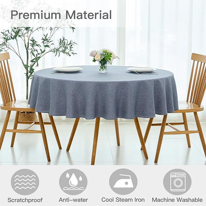 maxmill Round Linen Textured Tablecloth Spill-Proof Stainproof Wrinkle Free Washable Fabric Table Cloth for Circular Table Cover, Dining Room Buffet Banquet Party Holiday Dinner, 70 Inch Demin Blue