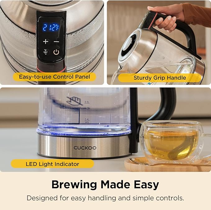 CUCKOO Electric Tea Kettle with Infuser, Glass Electric Kettle with Multi-Temperature Control, Easy to Read LED Lights, 1.7 Liter Capacity Tea Maker Pot (CK-G170BS)
