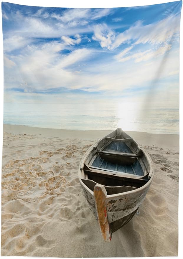 Ambesonne Holiday Tablecloth, Boat on The Beach at Sunrise Morning Time Tranquil Sky Marine Panorama, Dining Room Kitchen Rectangular Table Cover, 52" X 70", Blue