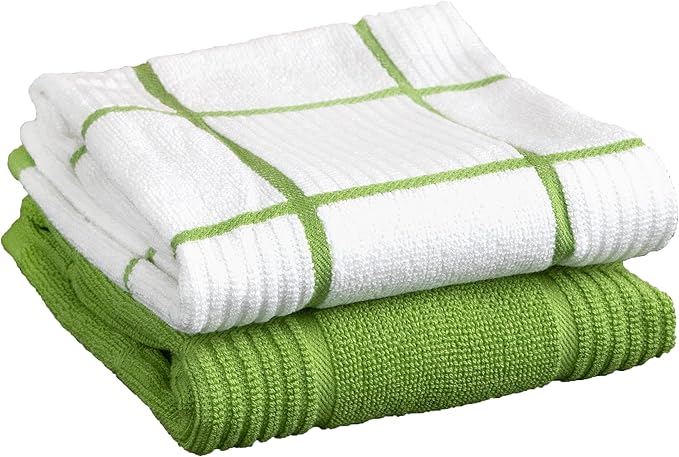 T-Fal Solid & Checked Parquet Kitchen Towels: Highly Absorbent, Super Soft Long Lasting - 100% Cotton, 16"x26" Dish Towels for Cleaning & Drying Dishes, Pans, Glassware, or Countertops, 2-Pack, Green
