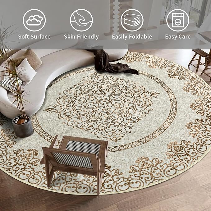 Easy-Going Round Rug 6ft Area Rug Washable Boho Neutral Circle Rugs for Living Room Non-Slip Bedroom Rug Low Pile Lightweight Floral Brown Print Vintage Throw Rug for Dining Room Kitchen Home Office