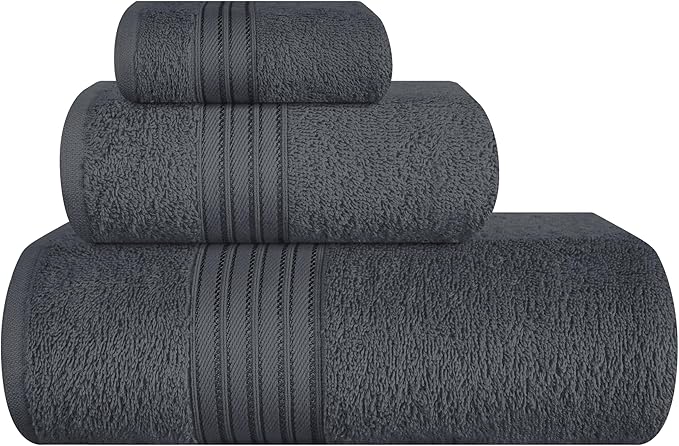 BOUTIQUO Ultra Soft 3 Pack Cotton Towel Set, Contains a Bath Towels 28x55 inch, a Hand Towels 16x24 inch & a Wash Coths 12x12 inch, Ideal Everyday use, Compact & Lightweight - Charcoal Grey