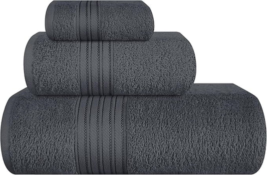 BOUTIQUO Ultra Soft 3 Pack Cotton Towel Set, Contains a Bath Towels 28x55 inch, a Hand Towels 16x24 inch & a Wash Coths 12x12 inch, Ideal Everyday use, Compact & Lightweight - Charcoal Grey