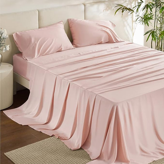 Bedsure California King Sheet Sets, Cooling Sheets for Hot Sleepers, Rayon Derived from Bamboo, Breathable & Soft, Deep Pocket Up to 16 Inches, Hotel Luxury Silky Bedding, Pink