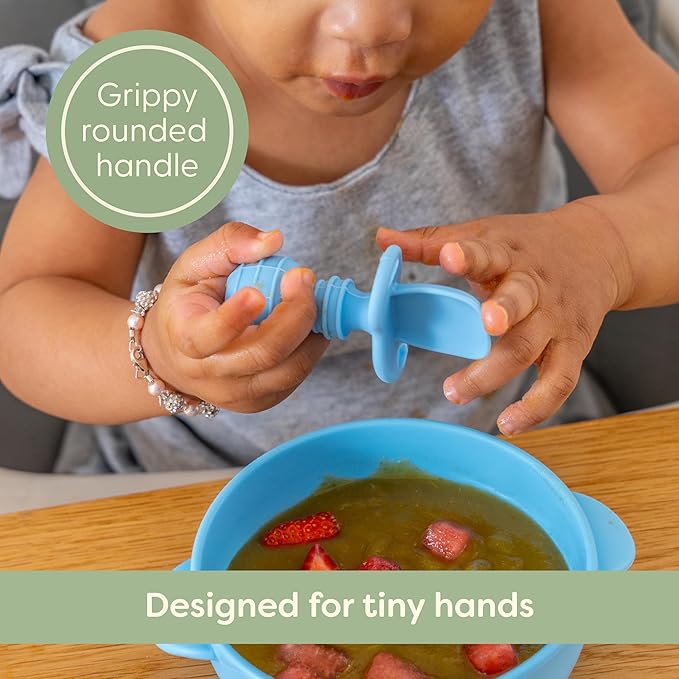 UpwardBaby Self-Feeding Spoon with Choke Barrier - Silicone Baby Spoons Toddler Utensils for Home & Travel, Textured Tips Massage Gums & Baby-Led Weaning, Tiny, Pack of 3, Blue/Gray/Mint