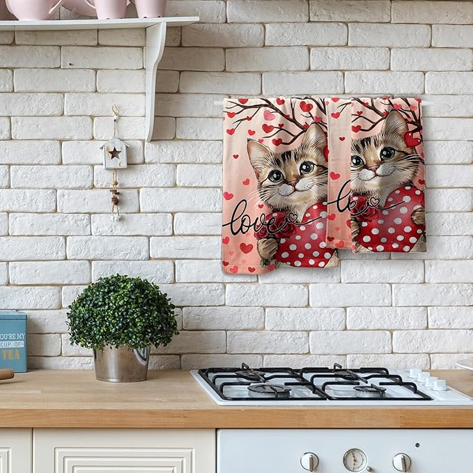 Imiss Red Cat Heart Rose Hand Towels - Red Love Hearts Tree Decorative Bathroom Kitchen Dish Towel Set of 2 Holiday Guest Towels 14.4 x 28.3 Inch for Gym,Spa,Hotel