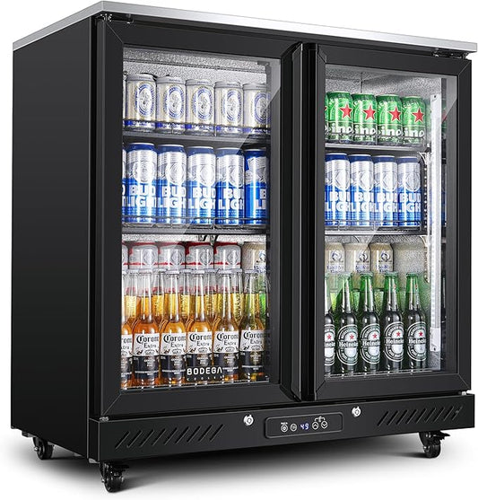 BODEGACOOLER Back Bar Cooler With 2 Glass Doors,Beverage Refrigerator 7.7 Cu.Ft Commercial Display Bar Fridge LED Lighting,36 inch Height Beverage Cooler for Soda Drinks,Beer with Stainless Steel Top