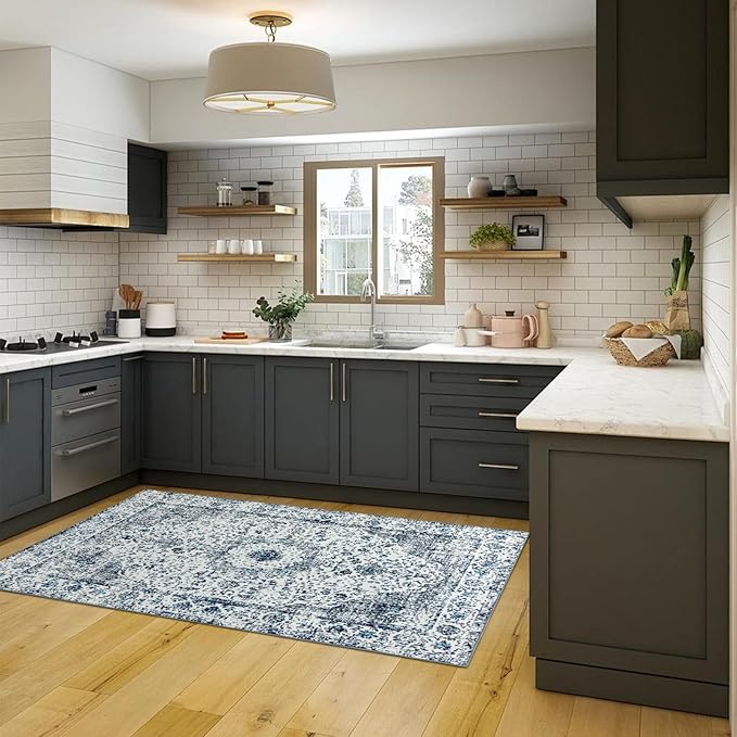 Easy-Going Area Rug 4x6 Washable Boho Rugs for Living Room Non-Slip Bedroom Rug Low Pile Lightweight Floral Print Vintage Throw Rug for Dining Room Kitchen Home Office Carpet, Blue Cream