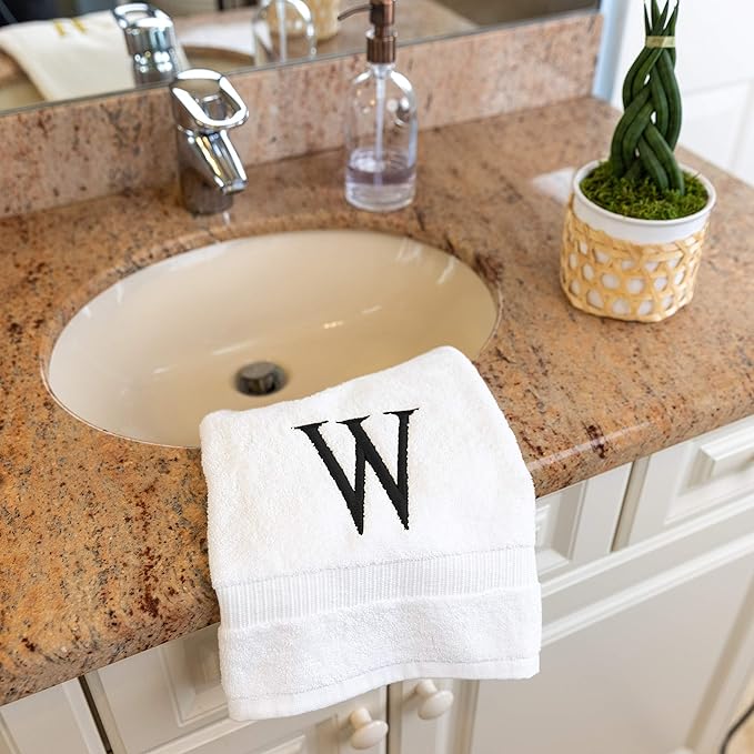 Black Luxury Hand Towel for Bathroom - Monogrammed Initial Hotel Quality Decorative Embroidered Towel for Powder Room, Spa - GOTS Organic Certified - Set of 2 Letter W