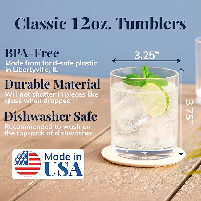 US Acrylic Classic Clear Plastic Reusable Drinking Glasses (Set of 6) 12oz Rocks Cups | BPA-Free Tumblers, Made in USA | Top-Rack Dishwasher Safe