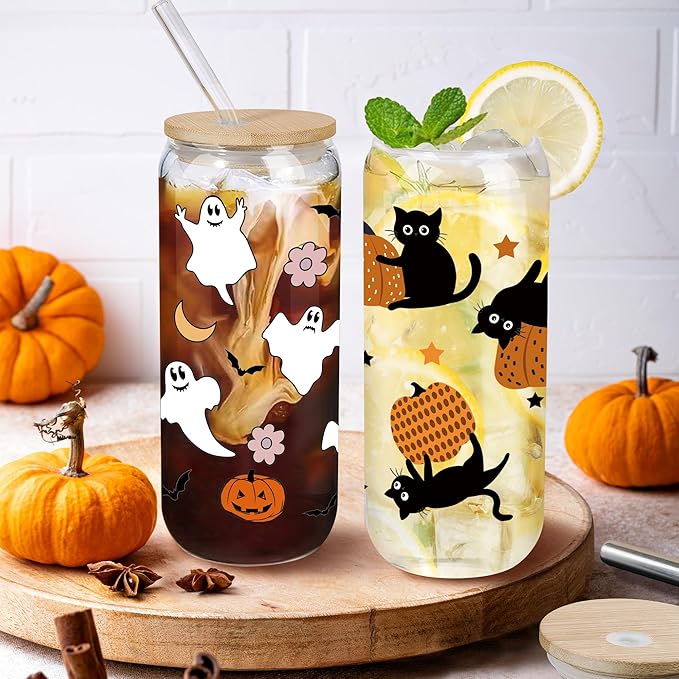 Joeyan Halloween Glass Cups with Lids and Straws,20 oz Pumpkin and Black Cat Iced Coffee Tumbler,Cute Funny Can Shaped Beer Drinking Glasses,Holiday Gifts for Women Mom Friend Teen
